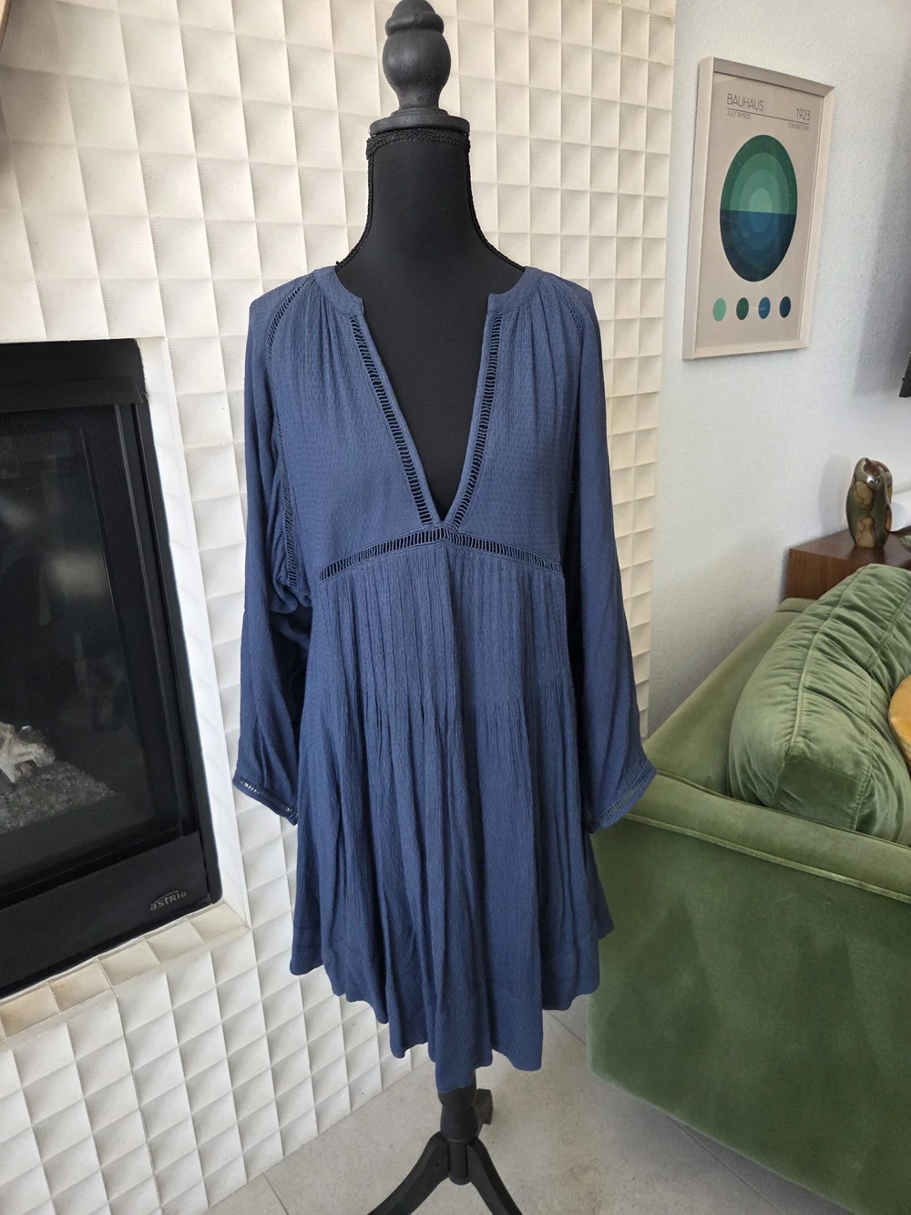 Free People Go Lightly Mini Dress Blue Boho V-Neck Gauze Crochet Trim Small - Picture 4 of 9